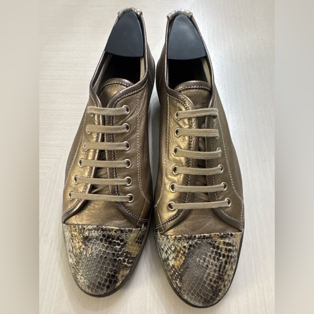 AGL Metallic Leather Sneakers Made in Italy Snakeskin Cap Toe Lace Up